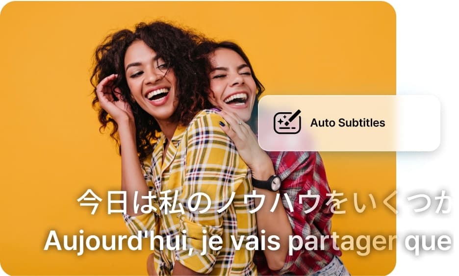 two women laughing while standing close to each other and multilingual subtitles shown at the bottom of the image