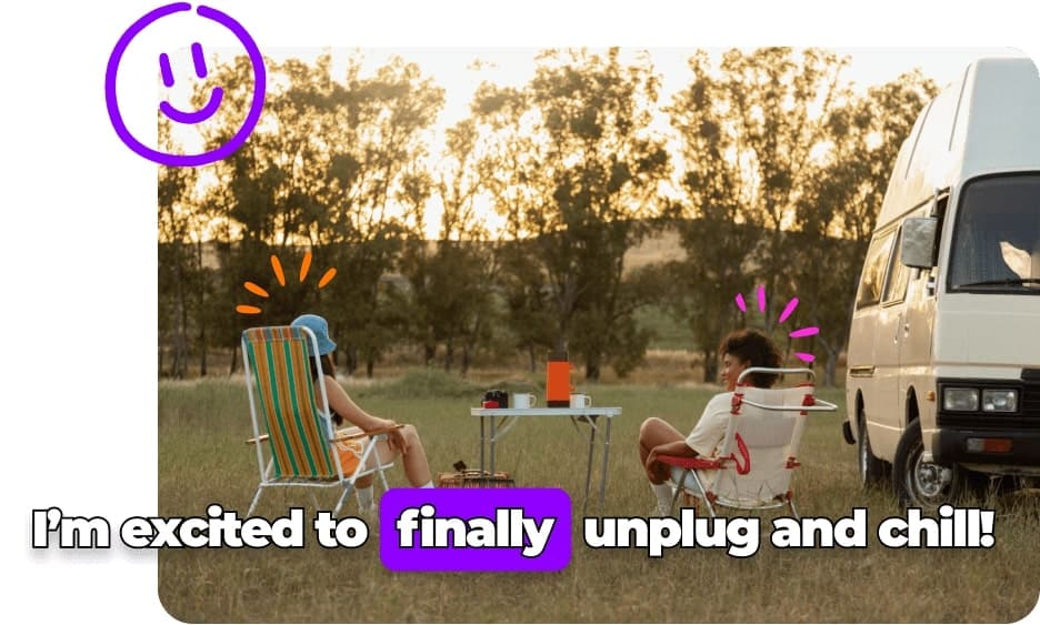 video scene of two people sitting on camping chairs next to a camper van with animated captions