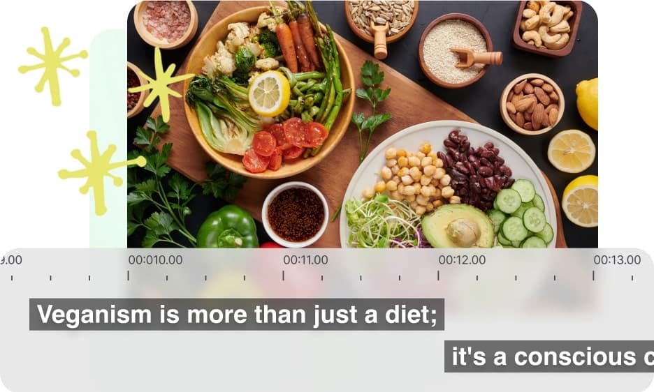 plates and bowls of vegetables and healthy ingredients with subtitles shown in front